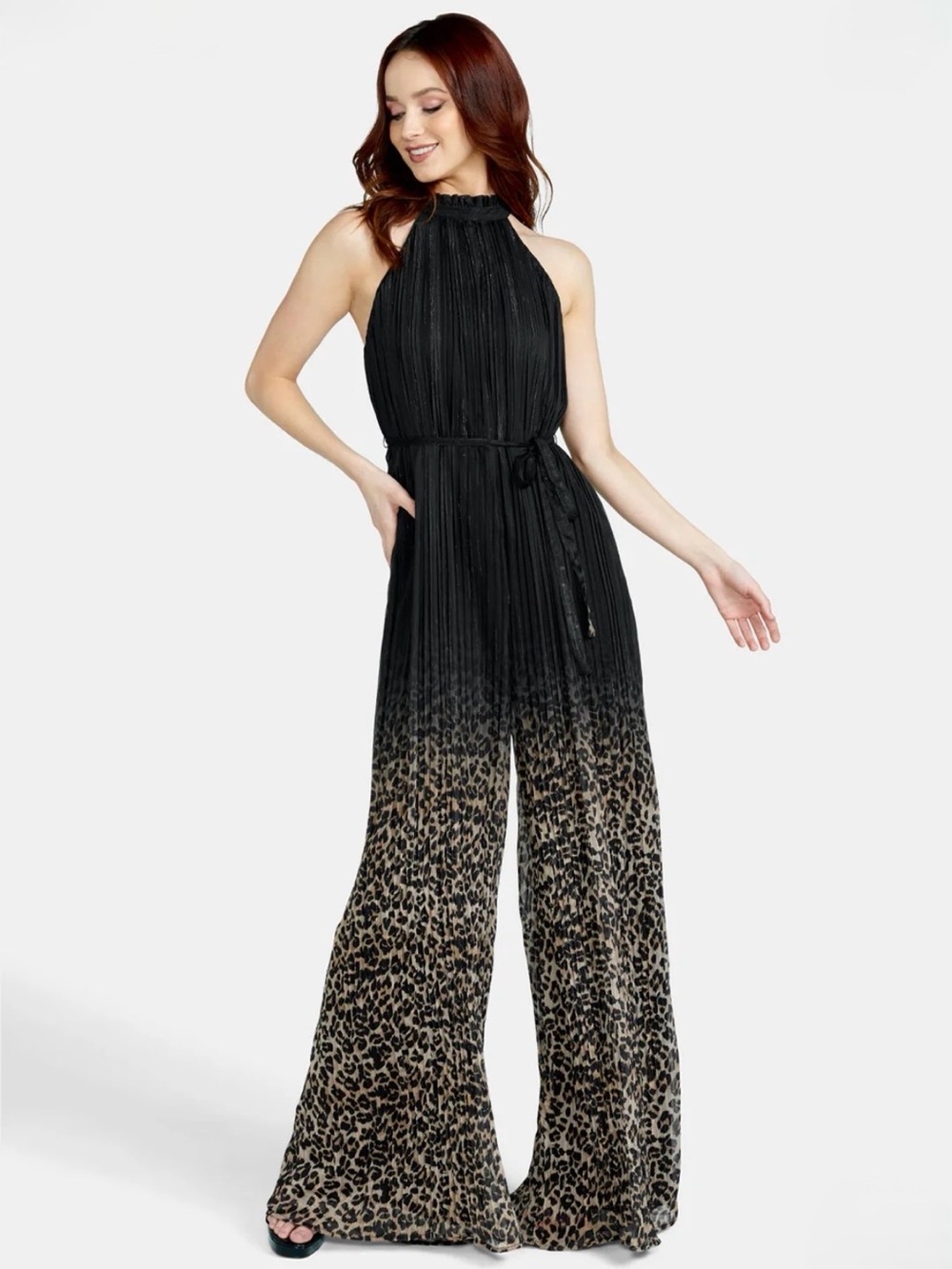 ALLOY Black Halter-Neck Ombre Leopard Wide-Leg Jumpsuit Tall Medium